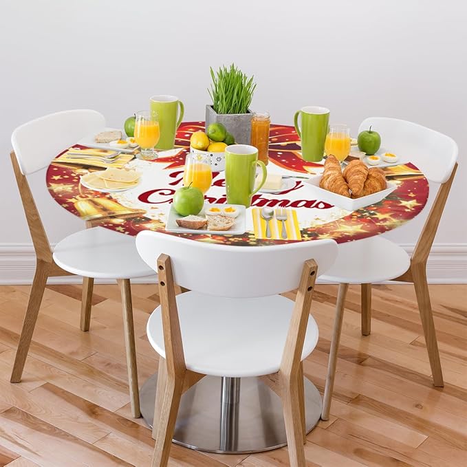 Merry Christmas Bell Bow Round Table Cloth Cover, Elastic Edge Waterproof Wipeable Tablecloths 45"-56" Polyester Tablecloth for Party Restaurant Banquet Holiday Camping Outdoor Picnic