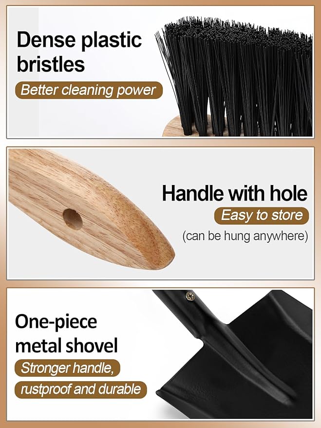 Fireplace Ash Shovel and Brush Set- Upgraded Metal Coal Shovel and Hearth Brush Set Large Fireplace Tools, Fire Pit Accessories for Fireplace Wood Stove Hearth Cleaning