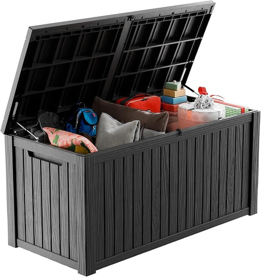 200 Gallon Large Deck Box,Resin Outdoor Storage Box with Lockable for Patio Furniture, Pool Accessories, Garden Tools Waterproof Outside Storage Box, Black