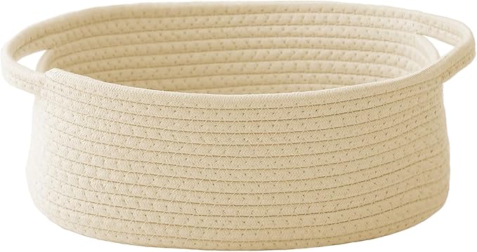 Woven Basket,Small Rope Storage Bin with Handles & Ribbon Bag, Organizer for Shelves Closets,Gift Basket Empty for Birthday,Books,Dog Toys,Beige