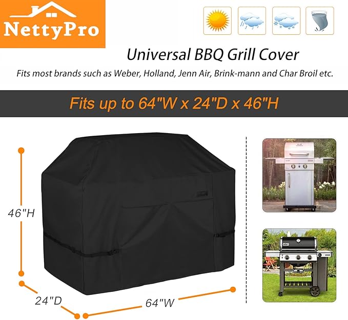 NettyPro Grill Cover for Outdoor Grill 64 inch, Waterproof Heavy Duty Gas BBQ Cover for Outside Weber, Char-Broil, Brinkmann, Jenn Air, Nexgrill 3-4 Burners Barbecue, Black
