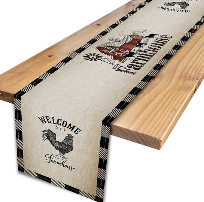 Farm Animals Table Runner, Rustic Farmhouse Cow Pig Rooster Watercolor Coffee Table Center Decor for Home Kitchen Dining Patio Holiday Party Indoor Outdoor Table Decorations, 13"x90" Inch