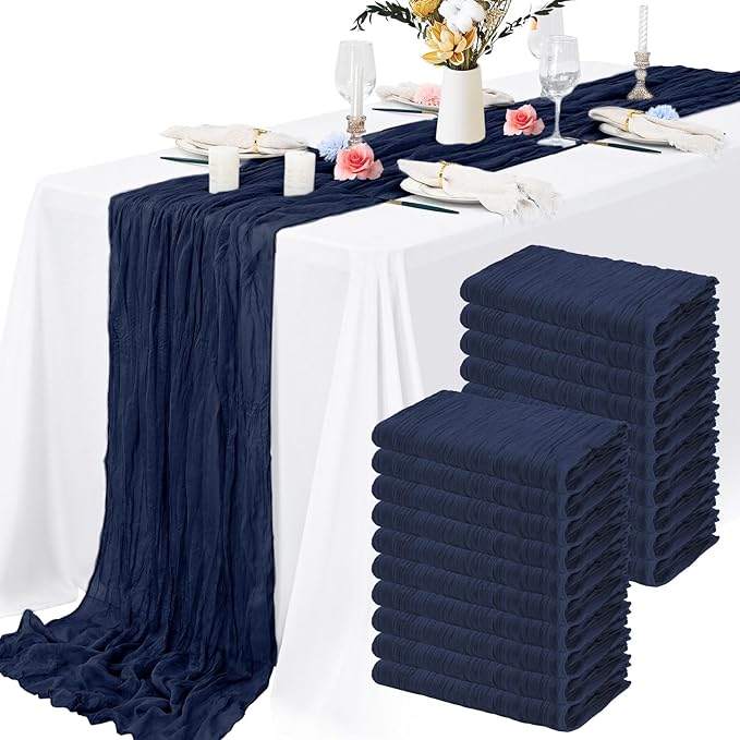 20 Packs Cheesecloth Table Runner 10FT Long Boho Gauze Fabric Table Runner Vintage Rustic Sheer Runners for Wedding Party Bridal Baby Shower Table Decorations (Navy Blue )