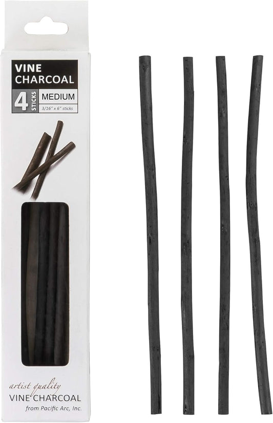 Pacific Arc Artist Vine Charcoal, Medium, Black 4 Charcoal Sticks for Drawing, Sketching, and Fine Art