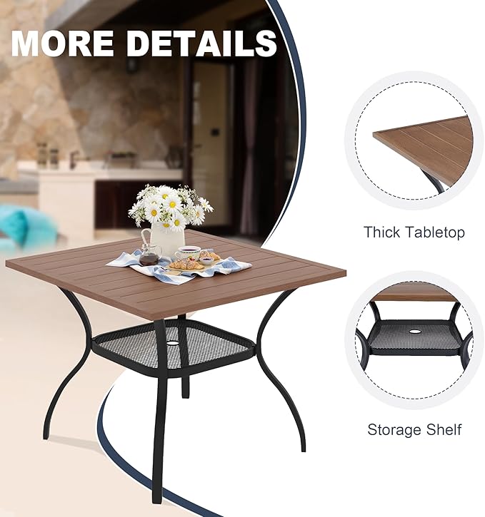 VICLLAX Patio Dining Table for 4 Square Metal Outdoor Table with Umbrella Hole and Storage Shelf for Garden Lawn Balcony Deck, Walnut