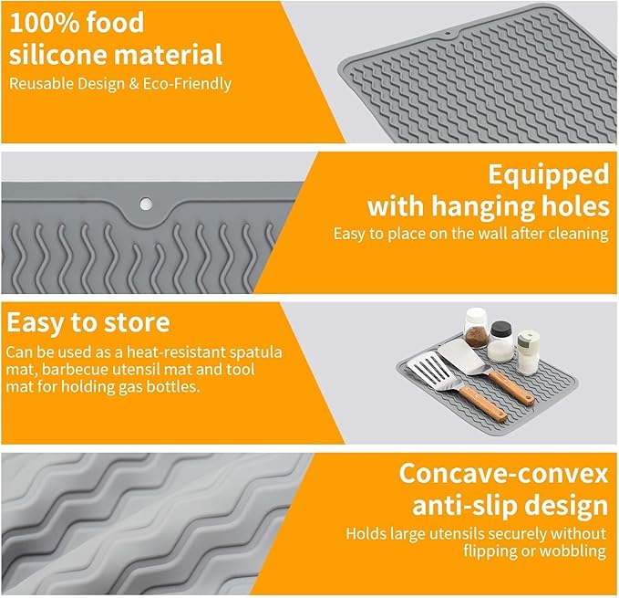 Grill Accessories, 14x11 Inch Silicone Heat Resistant Mat, BBQ Tool Rest Pad for Blackstone Griddle Side Shelf, Weber, Traeger, Outdoor Kitchen Countertop Protector (Grey)