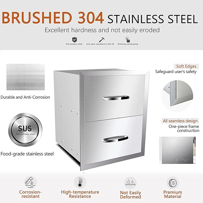 Pull Out Trash Drawer, Lower Sliding Rails Stainless Steel Roll Out Trash Bin Pull Out Tray With Handle For Outdoor Kitchen BBQ Island Grill Station,Double Drawers