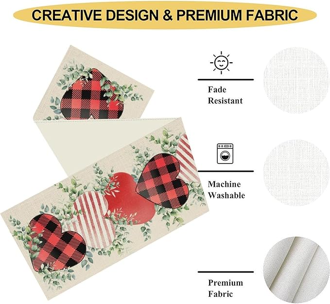 Valentines Day Table Runner,Vintage Rustic Sweet Heart Leaves Valentines Day Buffalo Plaid Runner for Table Seasonal Fresh Decor for Indoor Outdoor Dining Table Decorations, 13"x108"