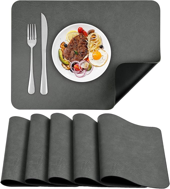 PU Leather Placemats Set of 6 Table Mats Heat Resistant Kitchen Place Mats, Waterproof Wipeable Dining Table Placemats for Home Party Outdoor, 15.8 x 11.8 inches (Grey/Black)