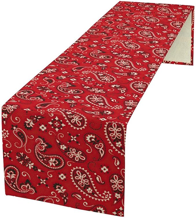 Red Paisley Table Runner, Rustic Damask Antique Floral Flower Retro Boho Swirled Pattern Vintage Coffee Table Center Decor for Family Kitchen and Living Room Outdoor Table Decorations, 13"x72"