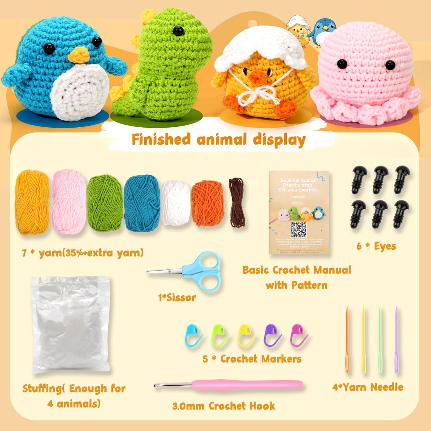 Crochet Kits for Beginners, Beginner Starter Sets with Step-by-Step Video Tutorials - Ideal Gift for Adults, Kids, Crochet Lovers, Ideal Gift for Birthday, Christmas, 4 Cute Patterns with Extra Yarn