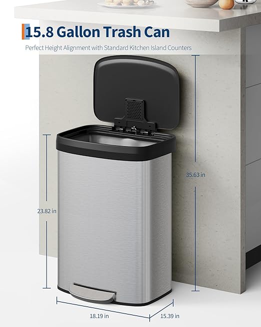 Garvee 16 gal / 60 L Stainless Steel Trash Can with Lid, Large Garbage Can for Kitchen, Rustproof Step-on Kitchen Metal Trash Bin with Liner Rim, Rear Handle, Soft Close Plastic Lid, Silver