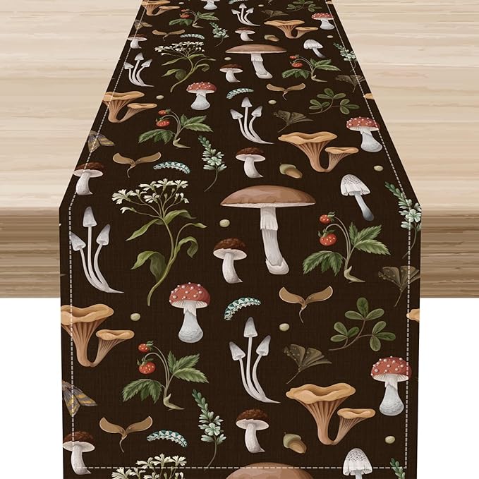 Mushroom Table Runner, Rustic Farmhouse Forest Plants Botanical Wild Floral Coffee Table Center Decor for Home Kitchen Dining Patio Holiday Party Indoor Outdoor Table Decorations, 13"x72" Inch