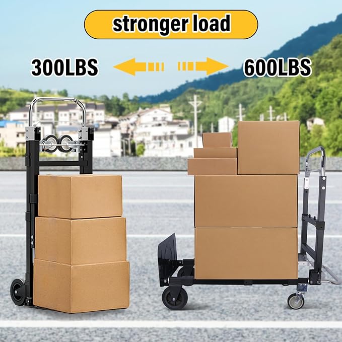 Upgraded 3 in 1 Folding Hand Truck, 600lbs Capacity, Heavy Duty Convertible Dolly with Retractable Handle and 4 Rubber Wheels, Collapsible Cart for Moving Home, Office, Warehouse (Black)