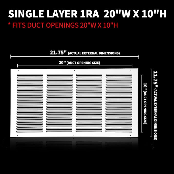 20x10 Return Air Grille(Duct Opening Size),Air Return Vent Cover,Flat Vent Cover,Rejillas De Aire Acondicionado para Casa,Return Air Grilles,Outer Dimensions:21.75"Wx11.75"H(20"Wx10"H, Duct Opening)