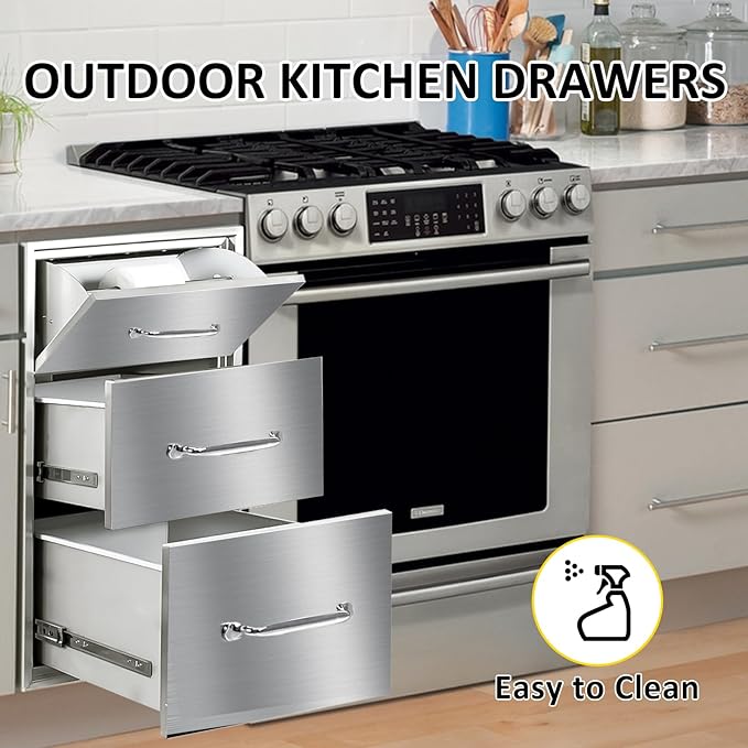 Outdoor Kitchen Drawers with Paper Towel Holder 17" W x 30"H Flush Mount BBQ Drawers with Chrome Handle,Stainless Steel Built-in Triple Access Drawers for Outdoor Kitchen Island, Patio Grill Station