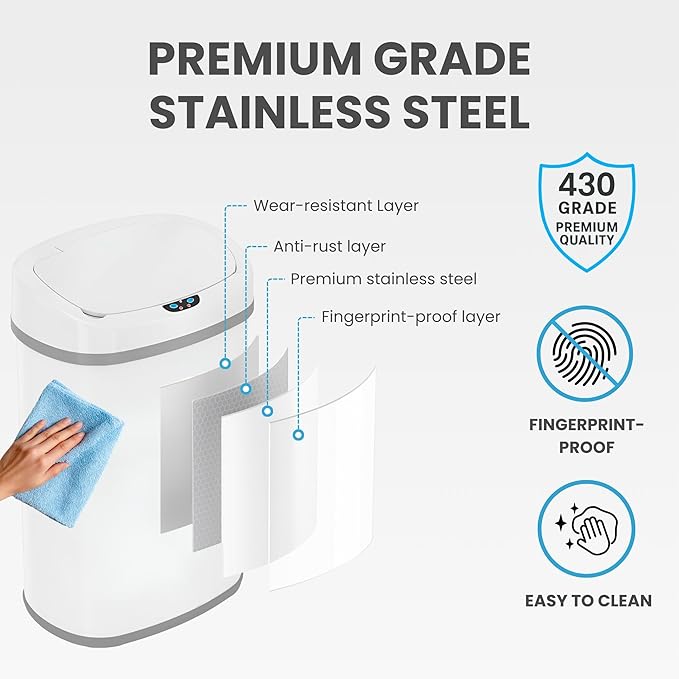 iTouchless 13 Gallon Automatic Sensor Trash Can with Lid, AbsorbX Odor Control System, Chalk White Stainless Steel Kitchen Garbage Bin, Fingerprint-Proof, Hands-Free Operation, Oval