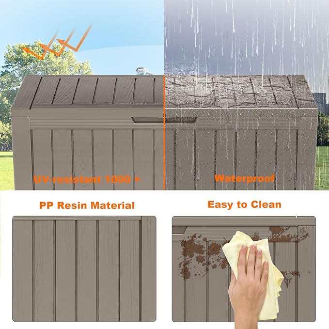 90 Gallon Resin Deck Box, Lockable Patio Outdoor Storage Box for Furniture, Garden Tools and Tools Storage, Waterproof Outside Storage Boxes - Grey