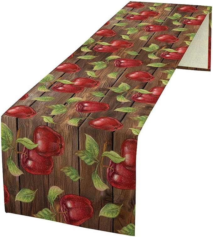Sweet Apples Table Runner, Fresh Apples Fruit Rustic Wooden Background Table Runner for Kitchen Dining Party Picnic Outdoor 13x36in