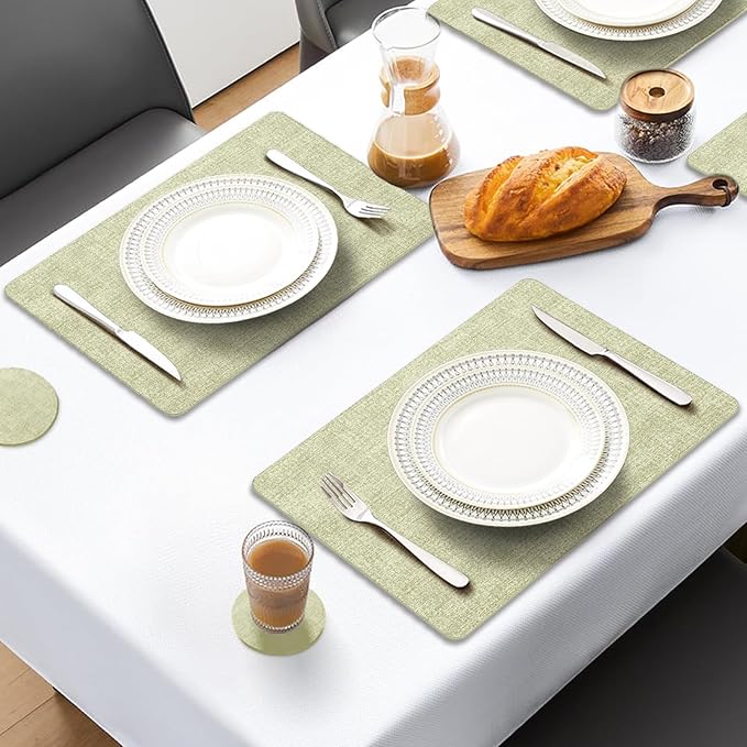 MOSAYT Faux Leather Placemats Set of 6, Heat Resistant Vinyl Place Mats with Coasters, Wipeable Washable Waterproof Oil Proof Table Mats for Kitchen Dining Indoor Outdoor, 12" x 17", Sage Green