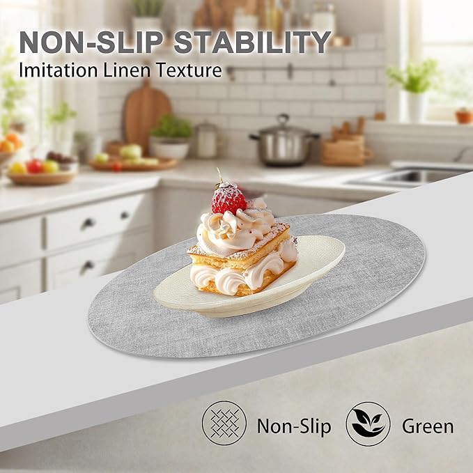 Round Faux Leather Placemats and Coasters, Set of 6, Reversible Heat Resistant Non-Slip Table Mats, Waterproof Wipeable Place Mats for Dining Table, Washable for Indoor & Outdoor (6, Light Grey)