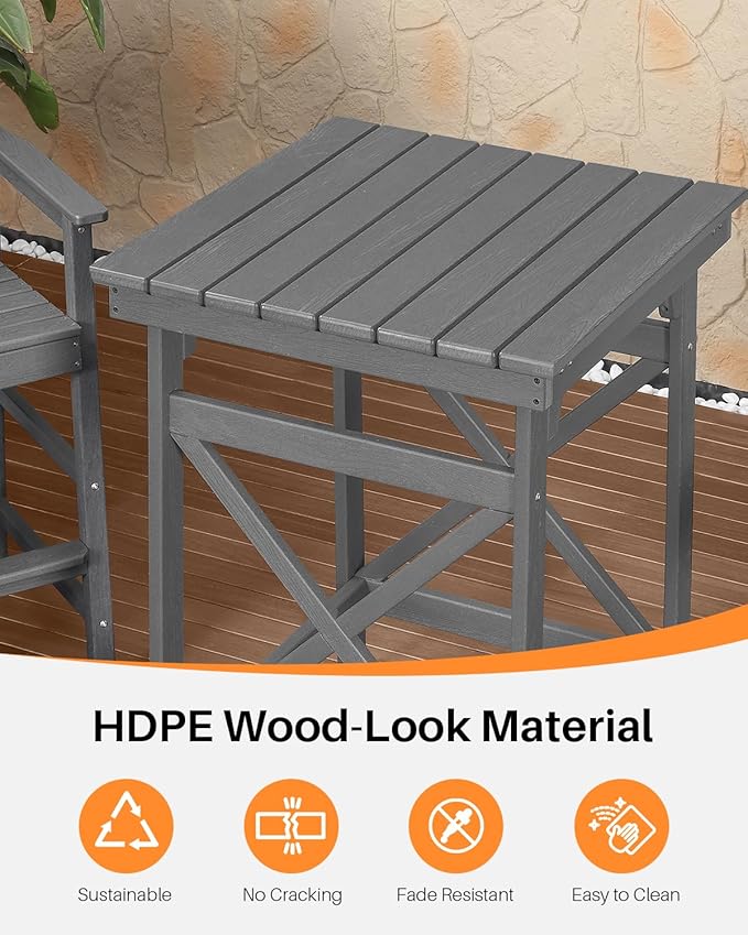 HDPE Outdoor Bar Table, 41" Adirondack Outdoor Bar Height Table, All Weather HDPE Patio High Top Pub Table, Square HDPE Patio Bar Tables for Balcony, Deck, Backyard, Poolside, Smoke Gray