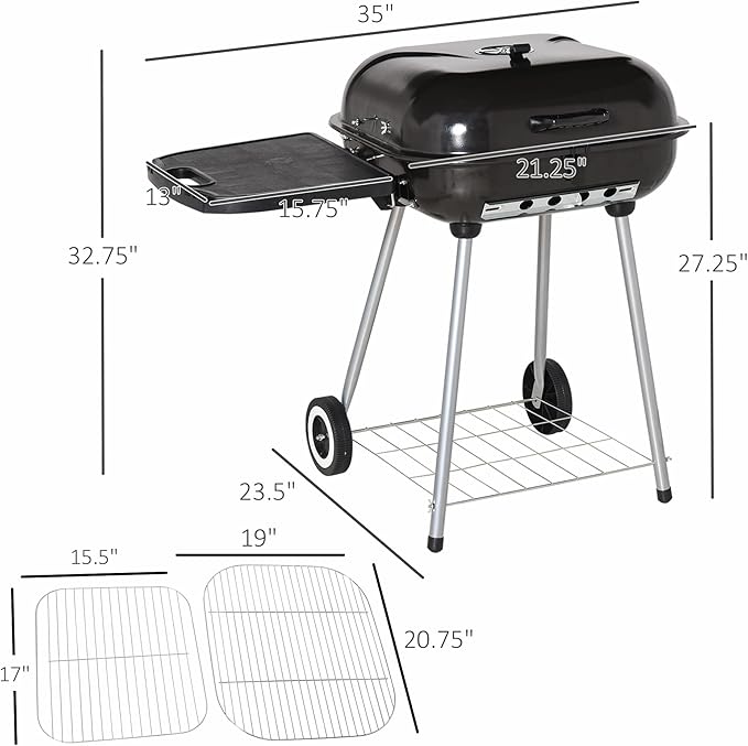 21 Inch Portable Charcoal Grill with Wheels and Bottom Shelf, Outdoor BBQ Smoker with Adjustable Lid Vents, Charcoal Barbecue for Picnic, Camping, Patio & Backyard