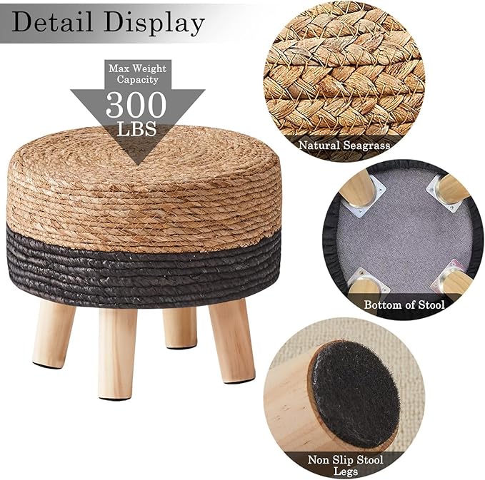 Wimarsbon Round Foot Stool Natural Seagrass Poufs Ottoman Hand Weave Footrest Stool for Couch Desk Extra Seat Step Stool with Solid Wood Legs for Hallway Patio Lounge Black