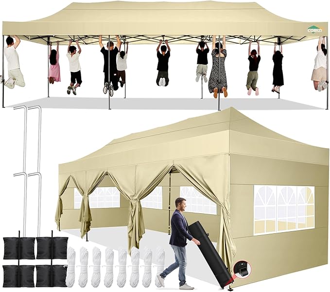 COBIZI 10x30 Pop up Canopy Tent 10x30 Canopy with Sidewall Waterproof Heavy Duty Commercial for Parties Outdoor Garden Gazebo Tent, Carry Bag with Wheel(10x30ft with Sidewalls,Khaki)