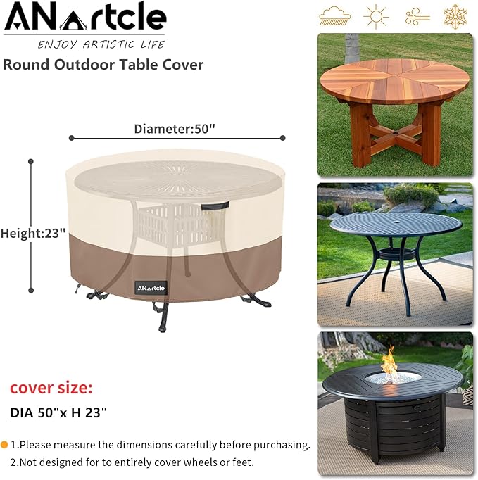 Round Patio Table Cover 50"DIA x 23"H, 100% Waterproof, Heavy Duty, Beige&Brown