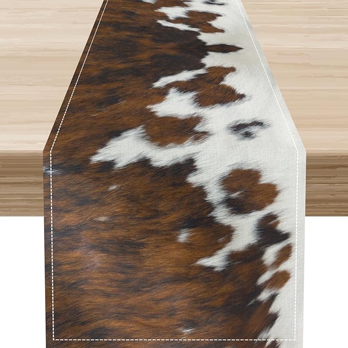 Cow Print Table Runner, Brown Cowhide Print Western Style Table Runner Country Farmhouse Cottage Cow Pattern Linen Table Decoration for Home Kitchen Dining 13x90