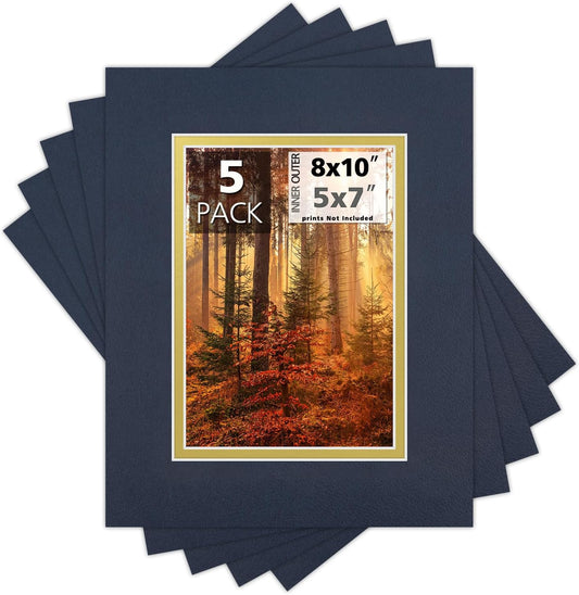 Mat Board Center, Double Mat - Acid Free, 8-ply Thickness, White Core - for Pictures, Photos, Framing (Blue Over Gold, 8x10 for 5x7, Pack of 5)