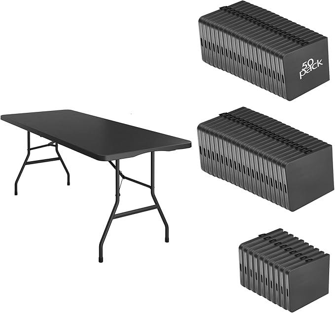 50 Pack of 6 Foot Foldable Table with Built in Handle & Steel Legs ,Heavy Duty Portable ,Perfect for Party, Dining, Wedding, Events, Picnic Indoor, Outdoor, Camping, Utility, Folding(Black-50pac)