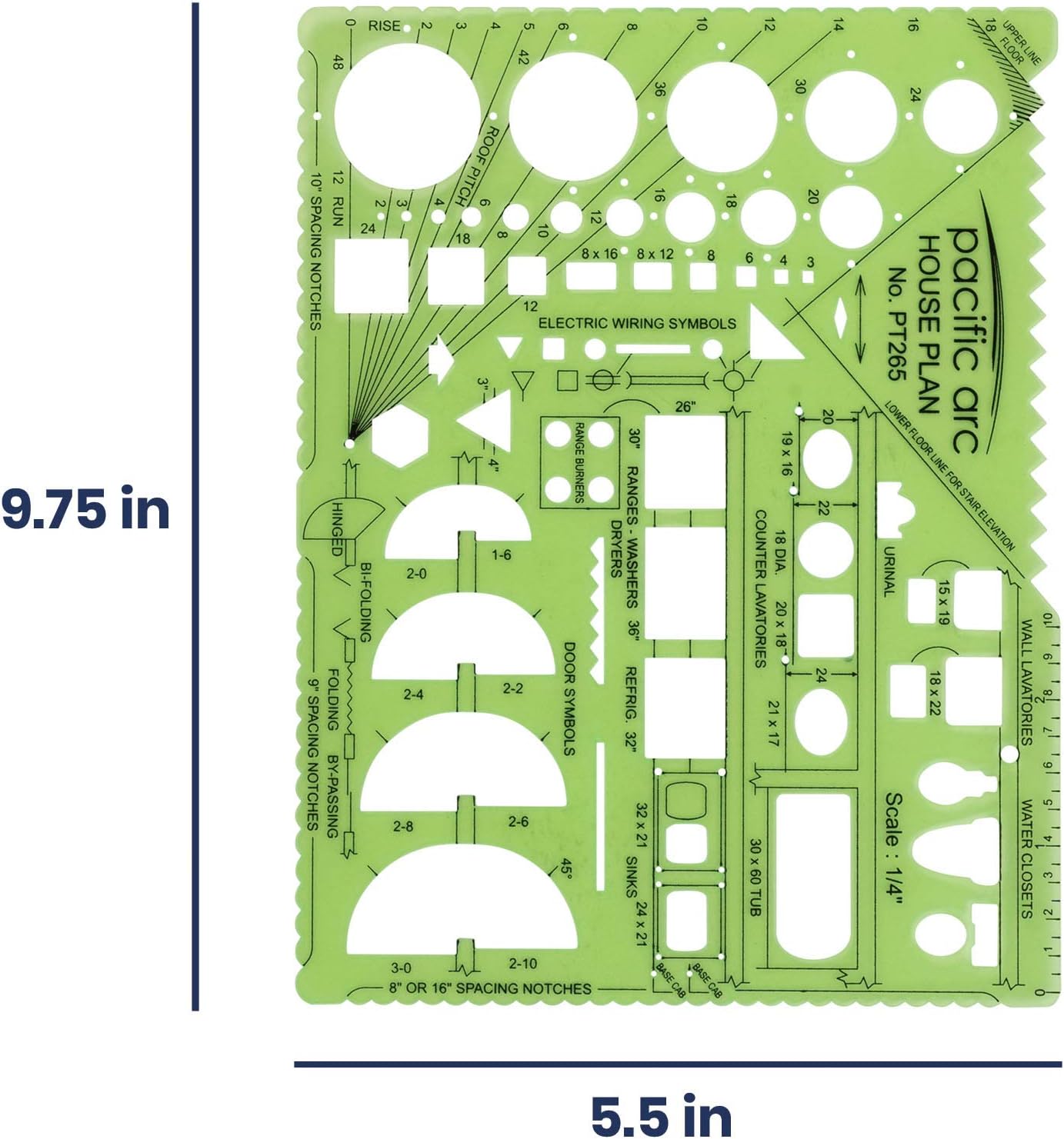 Pacific Arc House Plans Templates Guide, with Stairs, Doors, Plumbing, Kitchen Appliances, and Roof Pitch Gauge, Scale of 1/4 Inch to 1 Foot