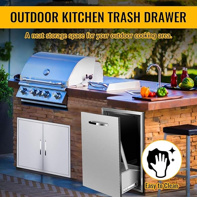 Pull Out Trash Drawer, Lower Sliding Rails Stainless Steel Roll Out Trash Bin Pull Out Tray With Handle For Outdoor Kitchen BBQ Island Grill Station,Trash Drawer
