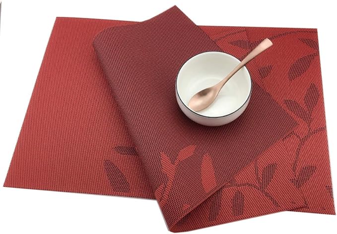 Gugrida Place Mats PVC Set of 6, Table Placemats Set of 6 PVC Table Mats Natural Color (6 pcs, Red Leaves)
