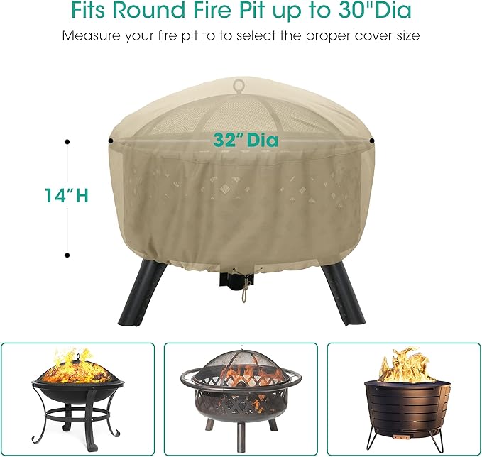 SunPatio Fire Pit Cover 32 Inch, Heavy Duty Waterproof Round Fire Bowl Cover, Small Furniture Ottoman Table Protector, All Weather Protection, Beige