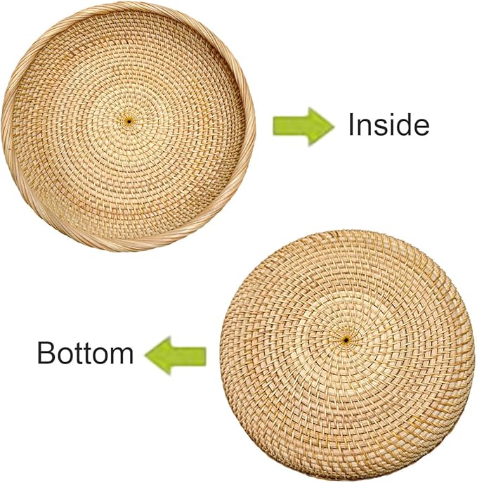 RT&BS Round Rattan Tray, Natural Rattan Decorative Tray, Christmas Food Tray, Handwoven Serving Baskets for Breakfast, Drinks, Snacks (M, Ø8.7 * 1.6'')