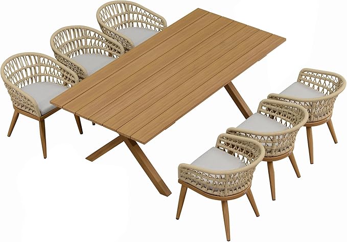 PURPLE LEAF Outdoor Patio Dining Sets All-Weather PE Rattan Patio Furniture Set with All Aluminum Frame Rectangular Table and Chairs 7 Pieces Set for Lawn Garden Backyard Deck, Teak