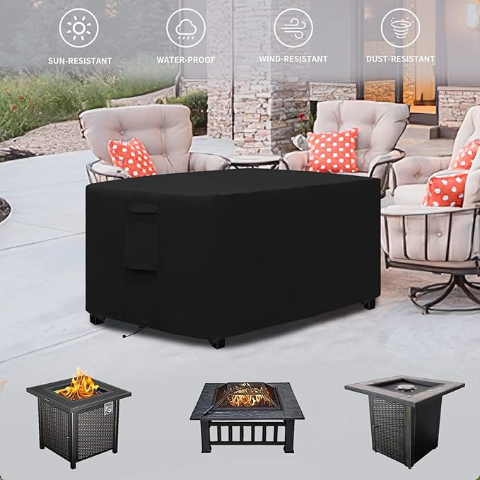 Easy-Going Outdoor Fire Pit Cover Rectangle 44" Lx32 Wx24 H, Durable Outdoor Gas Firepit Cover, Waterproof and Weatherproof Cover for Fire Pit, Black