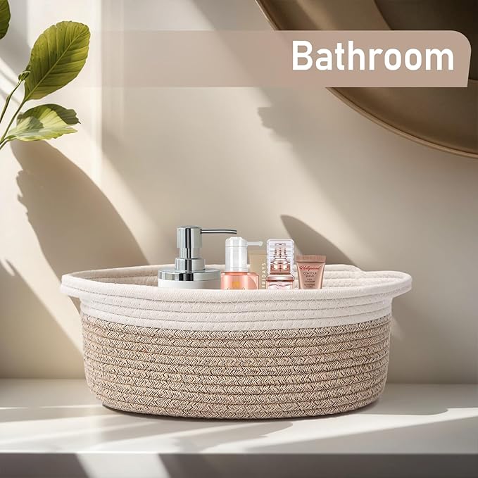 Woven Basket,Small Rope Storage Bin with Handles & Ribbon Bag, Organizer for Shelves Closets,Gift Basket Empty for Birthday,Books,Dog Toys, White&Oatmeal