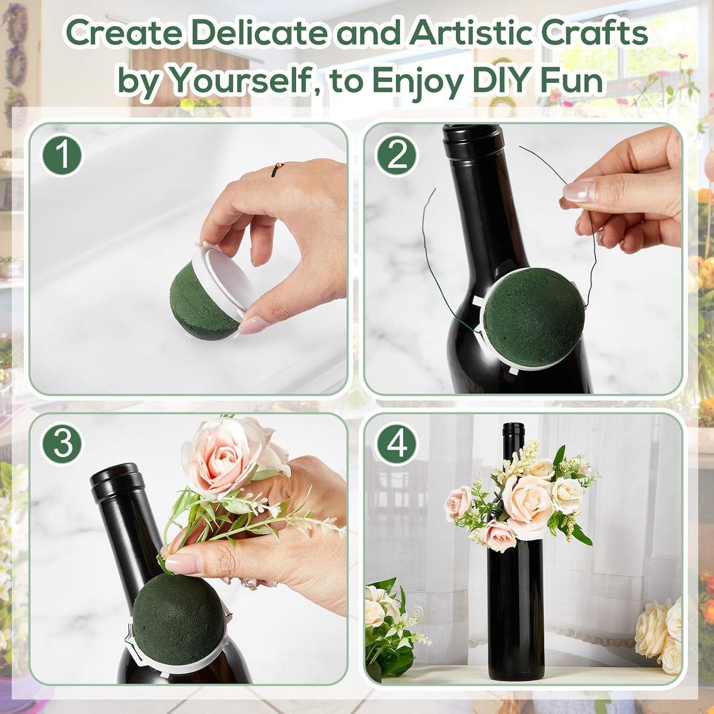 Tessco 36 Pcs Mini Floral Foam Holder Round Floral Foam with Green Arrangement Wire Arrangement Supplies for Table Wedding Wine Bottle Decor