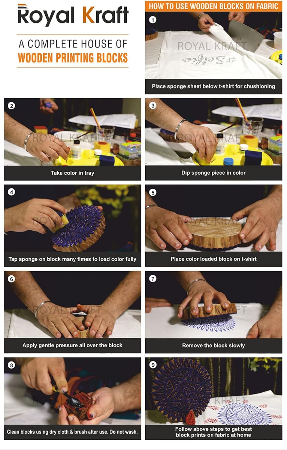 Royal Kraft Wooden Stamps for Block Printing on Saree Border, Textile, Clay, Pottery, Tattoo (Set of 10) MXtag0001