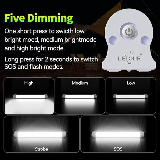 LETOUR LED Tube Magnetic Light Bar Work Lights 2000 Lumens 2600mAh 5 Lighting Options Camping Lantern USB Rechargeable Portable Battery Powered Lights with 2 Magnets Endurance for 40 Hours