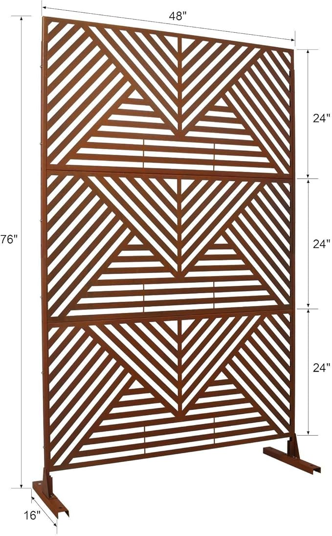 Outdoor Privacy Screen with Geometric Design – Metal Decorative Panel, Freestanding Partition, Weather-Resistant, 76"x48" for Garden, Patio, Balcony, and Yard, Rust Red
