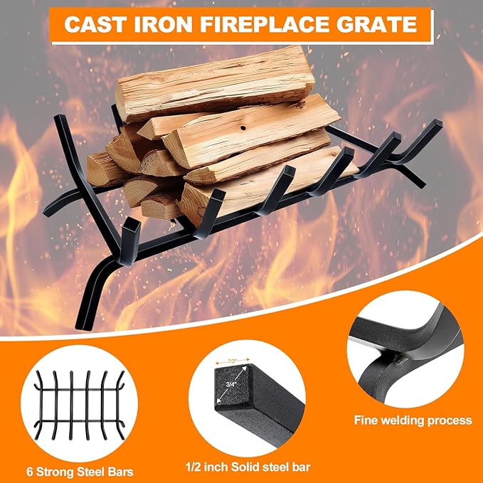 Fireplace Grate,Fireplace Log Holder,21 inch Heavy Duty Solid Cast Iron FIrewood Log Burning Rack for Inside The Fireplace Accessories Outood Fire Pit Kindling Fireplace Tools