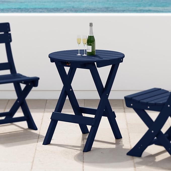 Costaelm Paradise HDPE Outdoor 24.5 Inch Round Portable Folding Patio Dining Table, Navy Blue