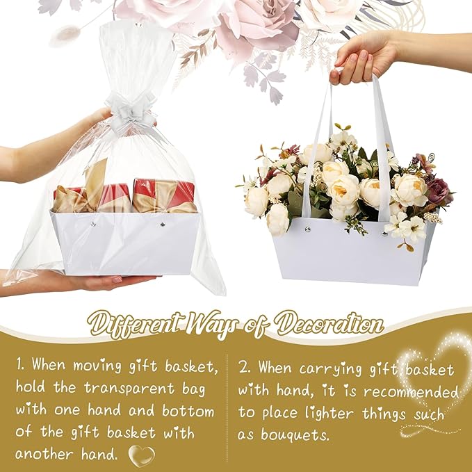PerKoop 24 Pack Baskets for Gifts Empty Bulk 6.5 x 9.8'' Thick Kraft Gift Basket with Bows and Bags Empty Gift Baskets for Valentine's Day Easter Birthdays Wedding Snacks Farmers Market(White)