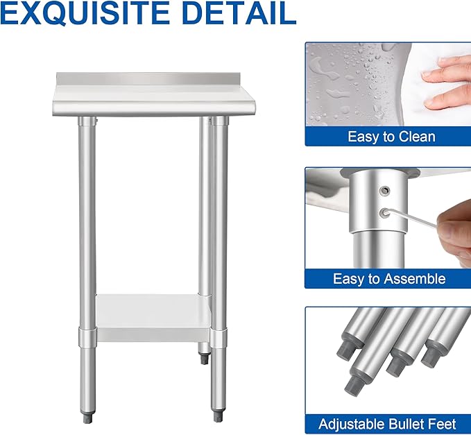 HARDURA Stainless Steel Commercial Work Table Prep Work Metal Table 14×24 Inches with Undershelf and 2" Backsplash Heavy Duty NSF 430 for Kitchen Food Prep