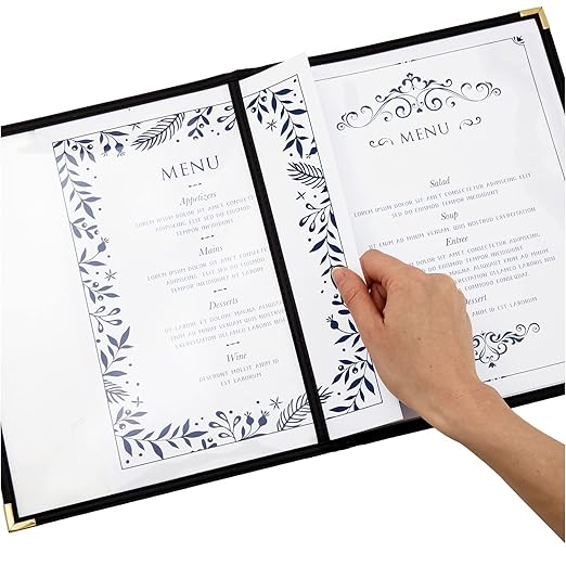Juvale Clear Menu Covers 8x11 in 4 View - 12-Pack, Letter Size Black PU Leather - Double Panel Clear Sleeves & Gold Metal Corners - Menu Holders for Restaurants & Bars